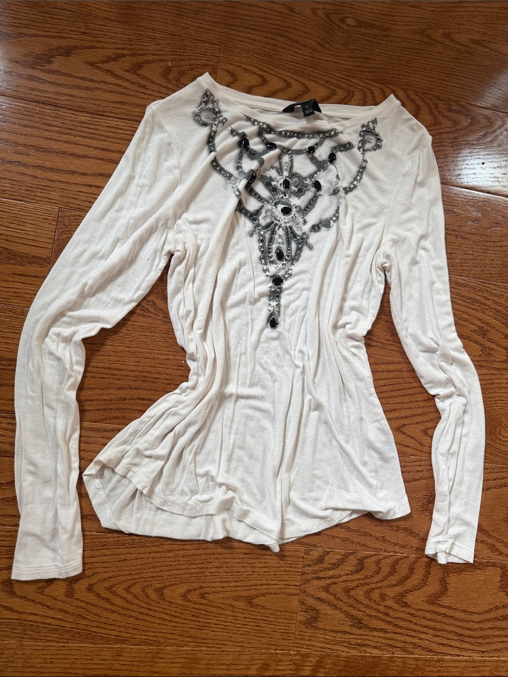 Simply Vera Vera Wang Cream Long-Sleeve Top with Black & Silver Beaded Detail